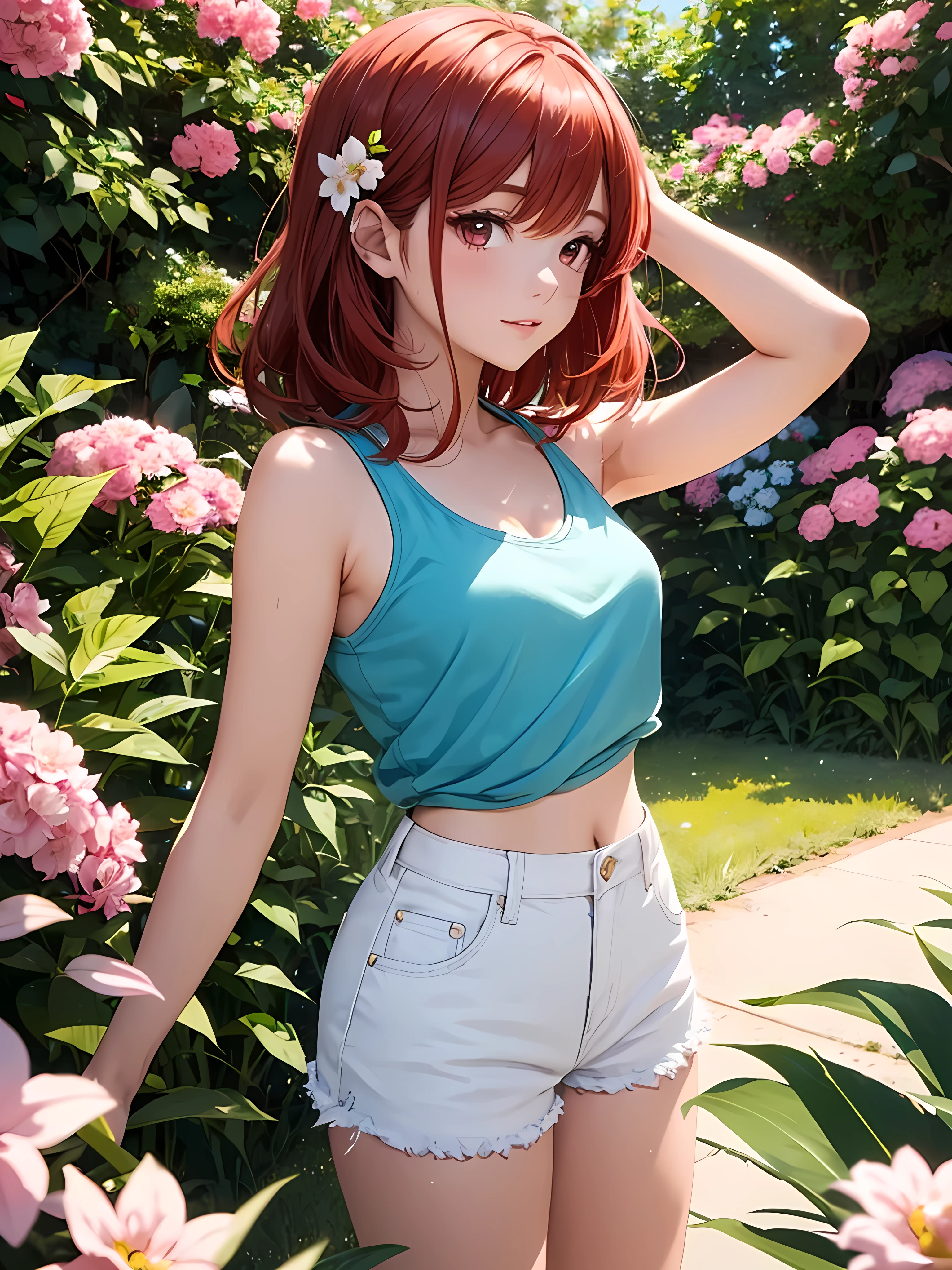 beautiful young woman, anime style, detailed face, red hair, red eyes, delicate features, soft lighting, wearing a tank top, shorts, standing outside in a summer setting, vibrant greenery, clear blue sky, flowers in bloom, relaxed expression, dynamic pose, Japanese anime style, high quality, highly detailed, 8k resolution, cinematic lighting, best quality, vibrant colors, Instagrammable, aesthetic, trendy