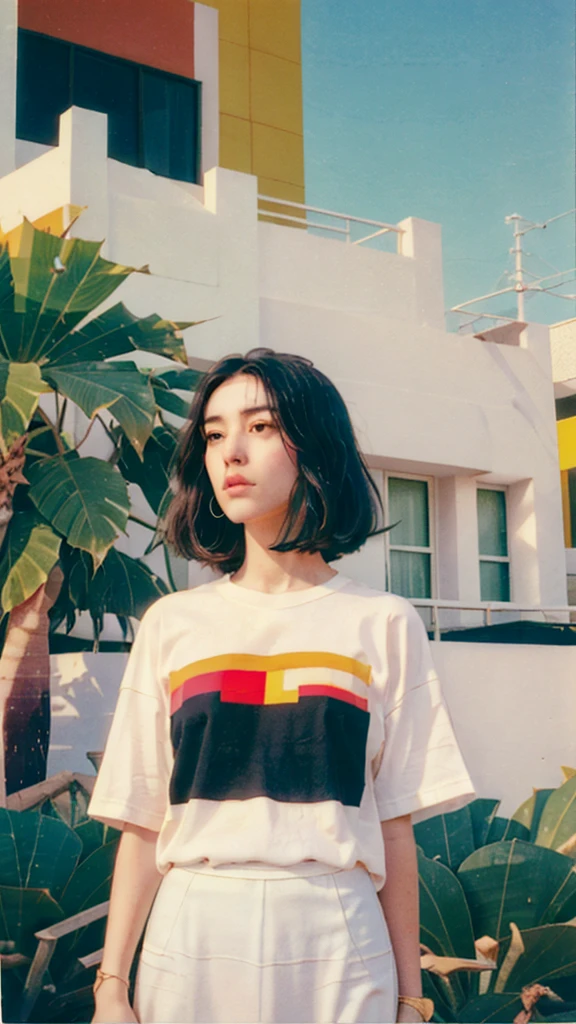 ((long shot photography)) ((best quality)), ((masterpiece)), (detailed),1 girl,real Polaroid photo, beautiful, detail face light leak,dark intens shadow black bob hair, almond eye, no makeup, white tshirt, ((oversize_tshirt)), peach color skirt, in front of ((80's mondrian architecture colorful motel)),(from below:1.2), (realistic:1.1), (surreal:1.2), (very detailed:1.1), ((masterpiece)),(sharp focus),summer, blue sky, ((palm trees)),sunny, los angles vibes