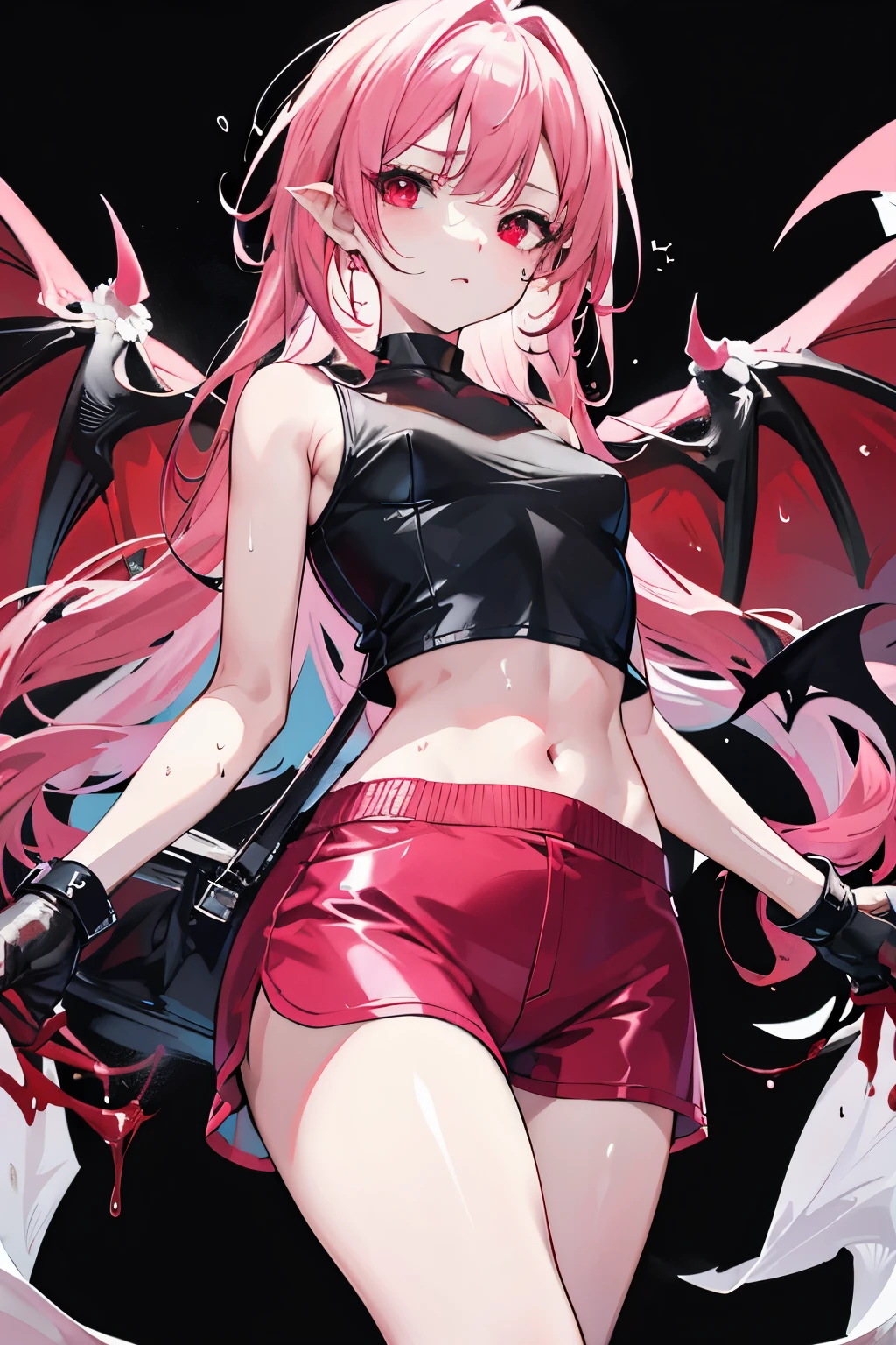 underdressing,Expression of disgust,Expression of disgust,Red Eyes,Sweat,Soaked,liquid,transparent,Cropped tops,succubus,pink,Leather Shorts