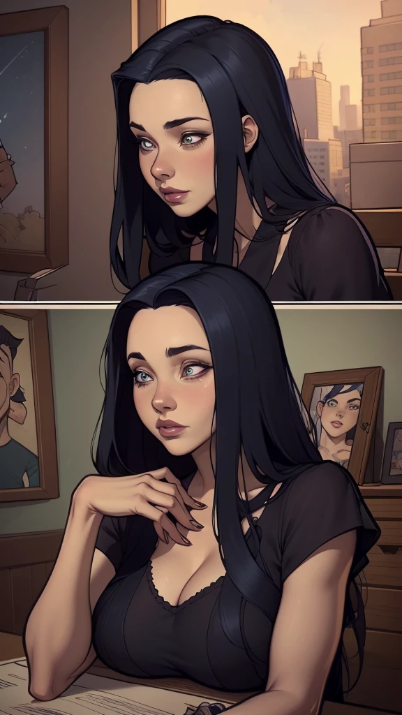 Personagem Christina Ricci cabelo preto estilo Morticia AddamsImagem de desenho animado de uma mulher .cartoon style illustration, estilo de arte dos desenhos animados, estilo de arte dos desenhos animados, digital illustration style, design de personagens altamente detalhado, arte digital detalhada fofa, City fan art, Design de personagens de retrato, beautiful digital illustration, retrato de alta qualidade, Arte em quadrinhos, jovem expressando desejo sexual.