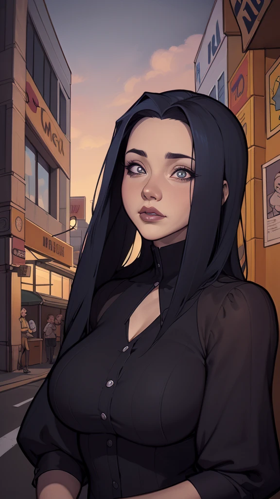 Personagem Christina Ricci cabelo preto estilo Morticia AddamsImagem de desenho animado de uma mulher .cartoon style illustration, estilo de arte dos desenhos animados, estilo de arte dos desenhos animados, digital illustration style, design de personagens altamente detalhado, arte digital detalhada fofa, City fan art, Design de personagens de retrato, beautiful digital illustration, retrato de alta qualidade, Arte em quadrinhos, jovem expressando desejo sexual.