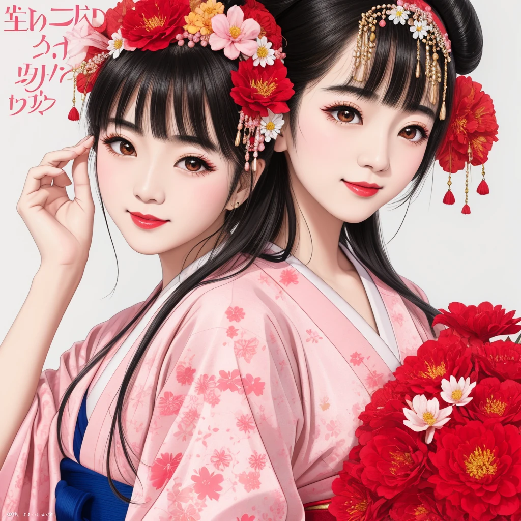 7 sisters, 7 girls with different faces and expressions, dancing gracefully, small faces, top quality, masterpieces, black hair, bun hair, wide angle, diagonally above the waist, magazine cover pose, 8K high resolution, Masterpiece, high resolution, realistic and beautiful light and shadow, top quality, high resolution, very delicate and beautiful, beautiful 8K face, smile and smile. Seven beautiful Japanese girls with eyes, transparent skin, soft hair, eight heads, Japanese style kimonos with red, pink and orange floral patterns on a white background, yukatas, small faces, thin and small noses, red lipstick , glossy skin, very thin eyebrows, overall super high resolution, Maiko-style makeup, fair skin, long and beautiful eyelashes, glossy skin, red cheeks, holding a flower hat prop in one hand, dance, Kasa Odori, Kasanihi Odori, Japan Dance, festival, movie poster style