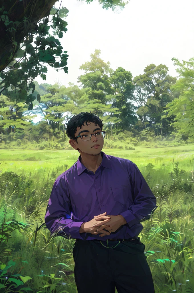  man with glasses in a purple shirt standing in a field of tall grass, in front of a forest background, nivanh chanthara, ramil sunga, mohamed chahin, in a large grassy green field, assamese aesthetic, in a open green field, in a field, nuttavut baiphowongse, portait image