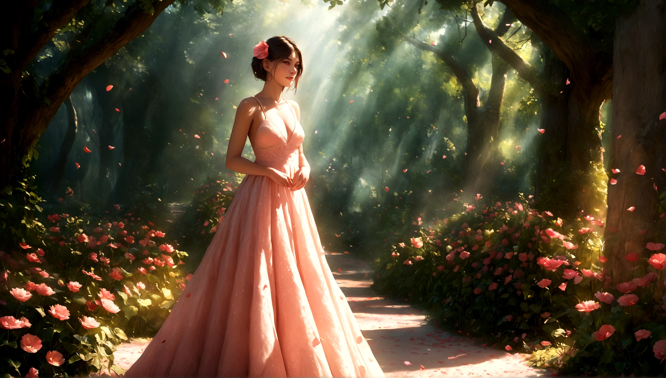 a beautiful sexy girl, detailed face and body, realistic, elegant dress, posing in a dreamy garden, detailed flower petals, sunlight filtering through the trees, vibrant colors, detailed texture, cinematic lighting, photorealistic, 8k, high resolution, masterpiece