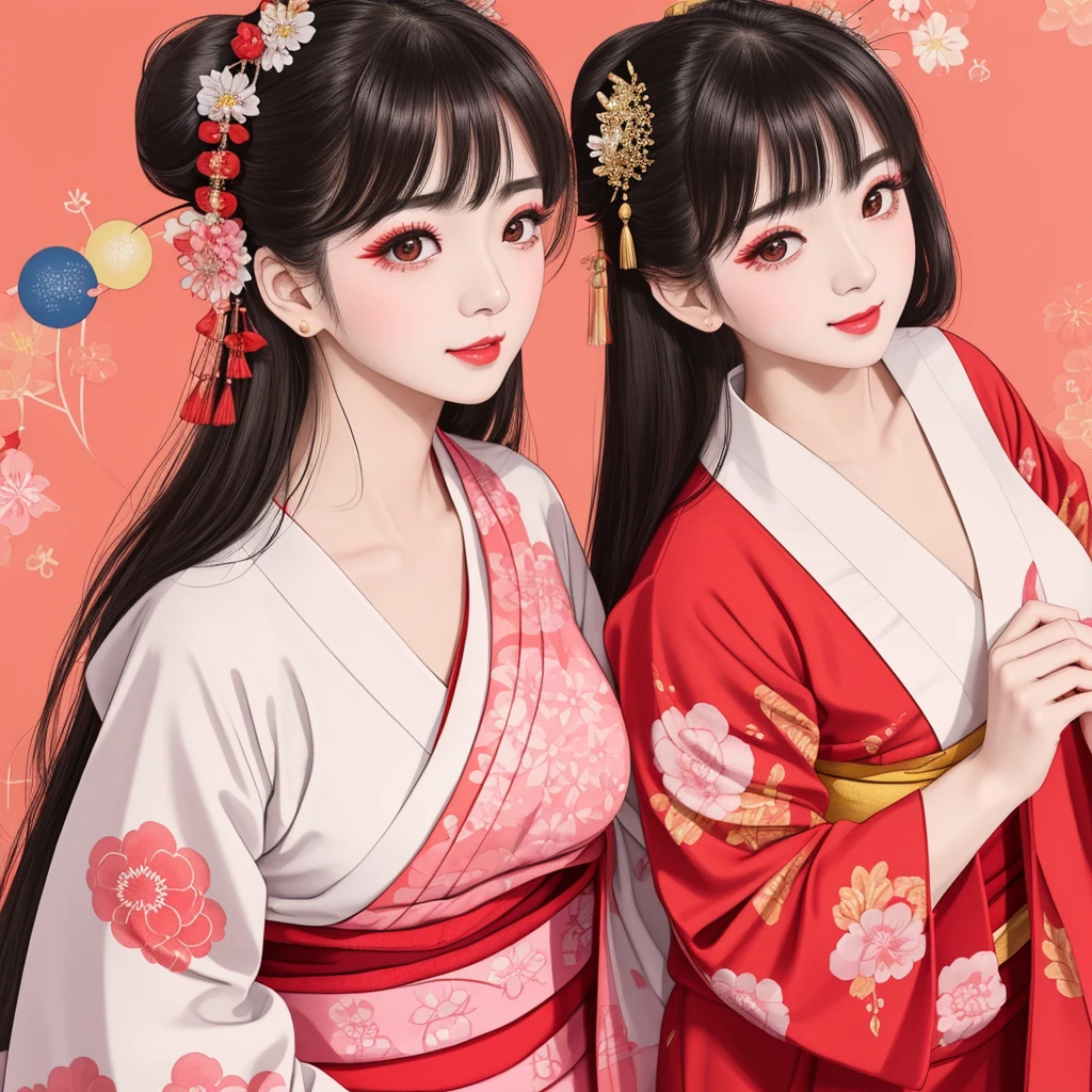 Each has a different expression2People and sisters、(2 girls)、⦅Dancing traditional arts with grace)、((Big Breasts、Small Face、Not exposed))、Highest quality、masterpiece、(Black Hair、Bun Hair)、Brown Eyes、⦅Wide angle、Angle from above the waist、雑誌の表紙のPause、Their gazes are different, gazing into the distance⦆、(8K High Quality、masterpiece、High resolution、Realistic and beautiful light and shadow、(Highest quality)、(High Resolution)、(Very delicate and beautiful)、(Beautiful 8k face)、(With a smile、Beautiful eyes)、(Clear skin)、(Soft hair)、(8Head to Body)、(A Japanese-style yukata kimono with red, pink, orange and blue floral patterns on a white background, interspersed with gold powder、Wearing a yukata2Beautiful Japanese girls)、((Tanabata decoration background))、((Small Face))、(arms up)、Thin and small nose、(Red lipstick)、(Make your cheeks red)、(Glossy skin)、((Ink painting style))、Very thin eyebrows、Overall ultra-high image quality、(She is wearing maiko-style makeup.)、Whitening、Long and beautiful eyelashes、Glowing Skin、(Red cheeks),Straight nose、masterpiece、Highest quality、whole body、 Eyebrows visible through hair、Bun Hair、Grin、Gal、コGal、Viewer's Eyes、Plaid、Stylish、woman、fine、Pause、
Waiting to start
