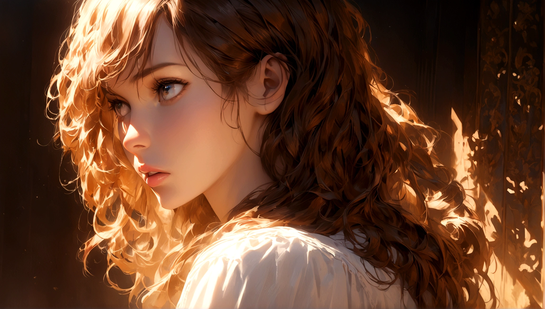 a sexy girl, back view, long brown hair, wearing a white shirt, looking over her shoulder, detailed face, beautiful eyes, full lips, graceful pose, dramatic lighting, cinematic composition, vibrant colors, intricate details, high resolution, photorealistic, masterpiece