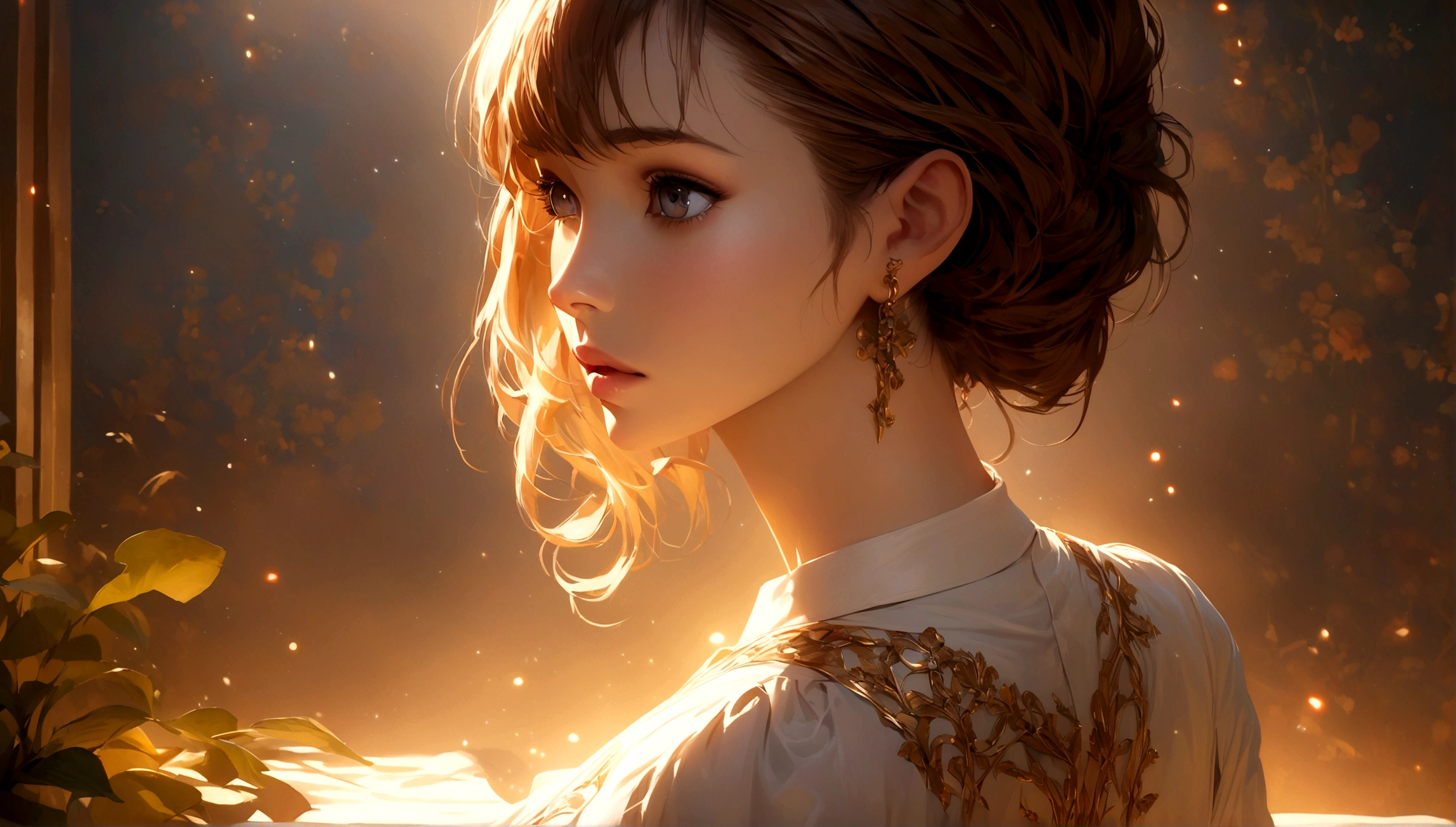 a sexy girl, back view, long brown hair, wearing a white shirt, looking over her shoulder, detailed face, beautiful eyes, full lips, graceful pose, dramatic lighting, cinematic composition, vibrant colors, intricate details, high resolution, photorealistic, masterpiece