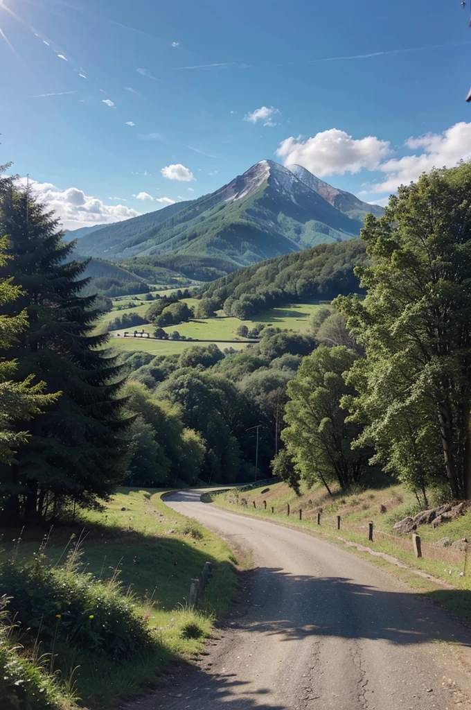 A landscape painting, It depicts an asphalt road between green forests in the countryside, with sunny weather and a mountain background that looks far away.