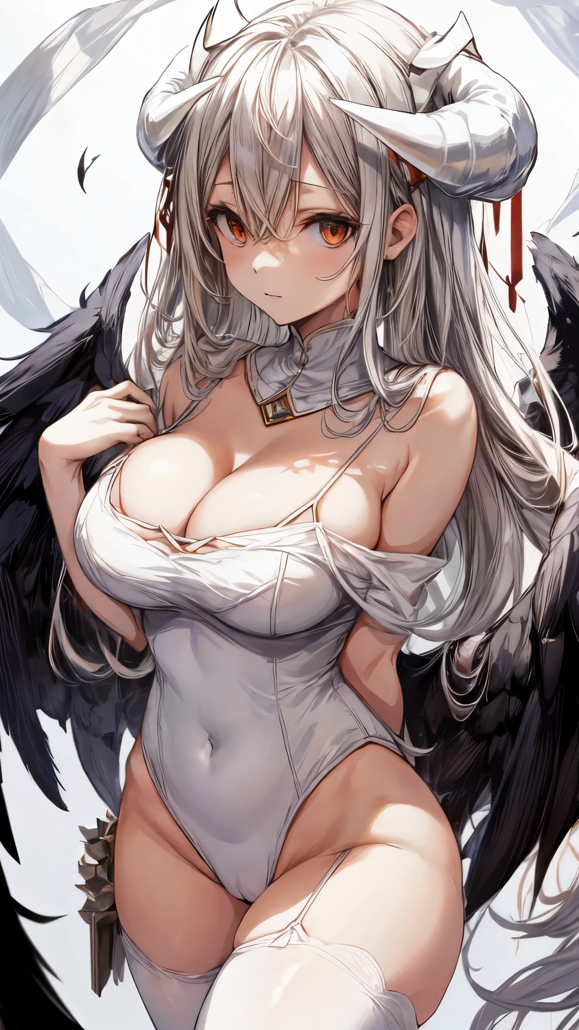 al1, demon horns,white leotard,cameltoe,bare shoulders, detached collar,large breasts, cleavage,black wings, feathered wings, low wings,