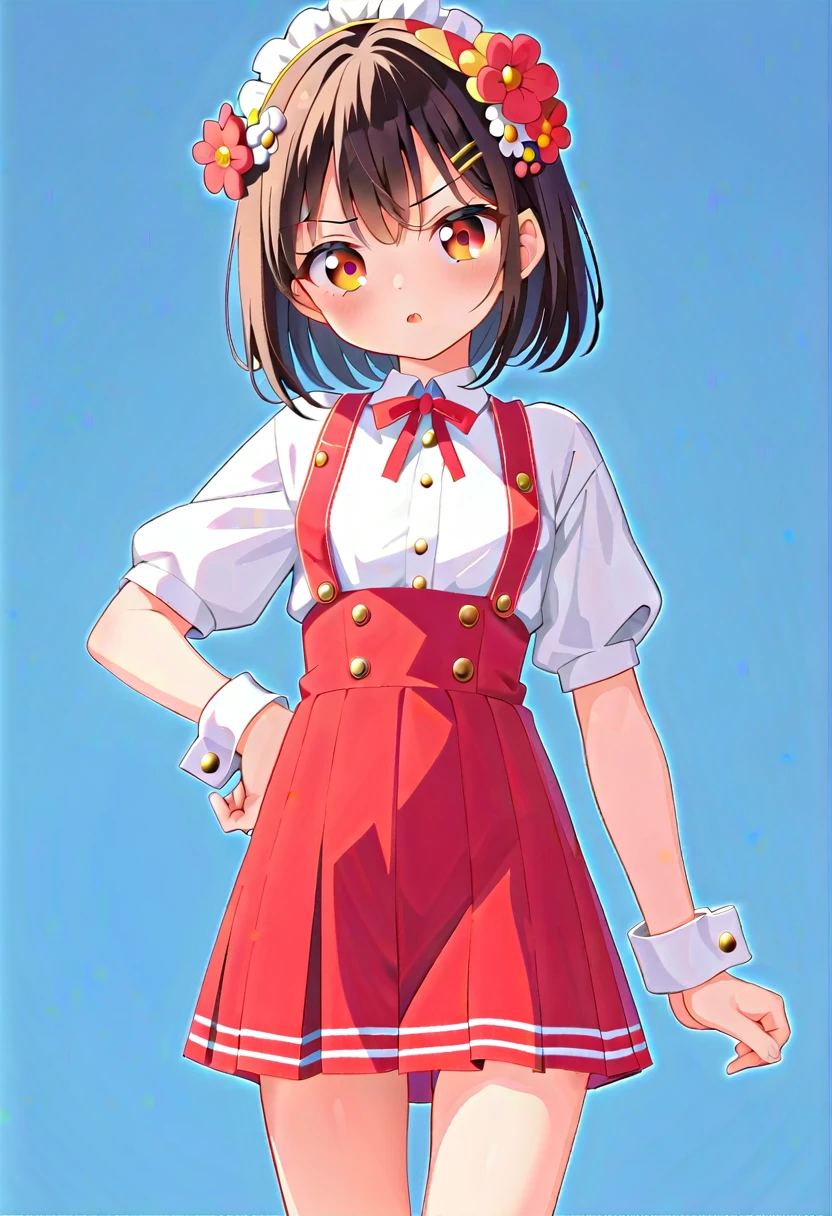 front，ID photo，An anime girl wearing a red skirt and black，She has brown hair and eyes。There are balls on both sides of the head，short hair，And wearing red flower ornaments on the ears。She wears a white blouse，It has gold buttons and pink cuffs.。Clean and tidy style，A determined look