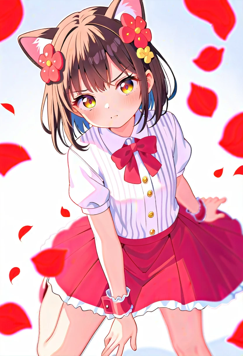 front，ID photo，An anime girl wearing a red skirt and black，She has brown hair and eyes。There are balls on both sides of the head，short hair，And wearing red flower ornaments on the ears。She wears a white blouse，It has gold buttons and pink cuffs.。Clean and tidy style，A determined look