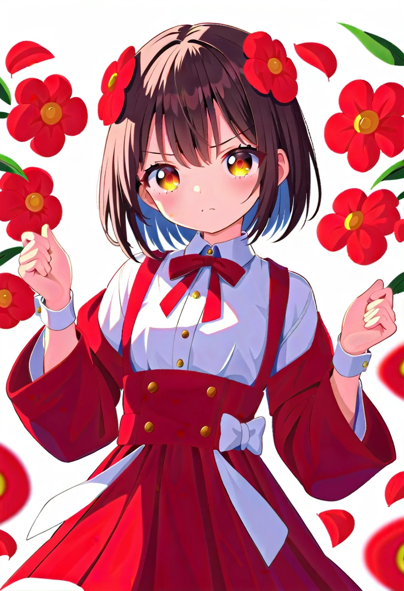 front，ID photo，An anime girl wearing a red skirt and black，She has brown hair and eyes。There are balls on both sides of the head，short hair，And wearing red flower ornaments on the ears。She wears a white blouse，It has gold buttons and pink cuffs.。Clean and tidy style，A determined look