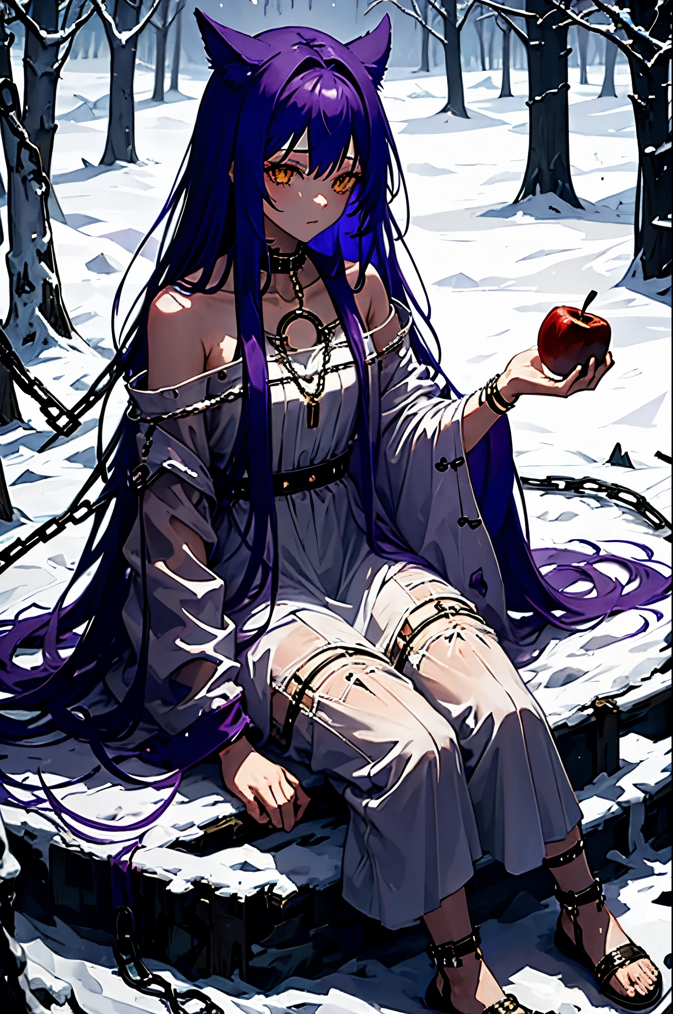 Fenrir, ((eat apple)), sit down, Chained, winter, outdoor, white dress, tattered clothes, purple hair, dark purple hair, golden chain, upper body, 