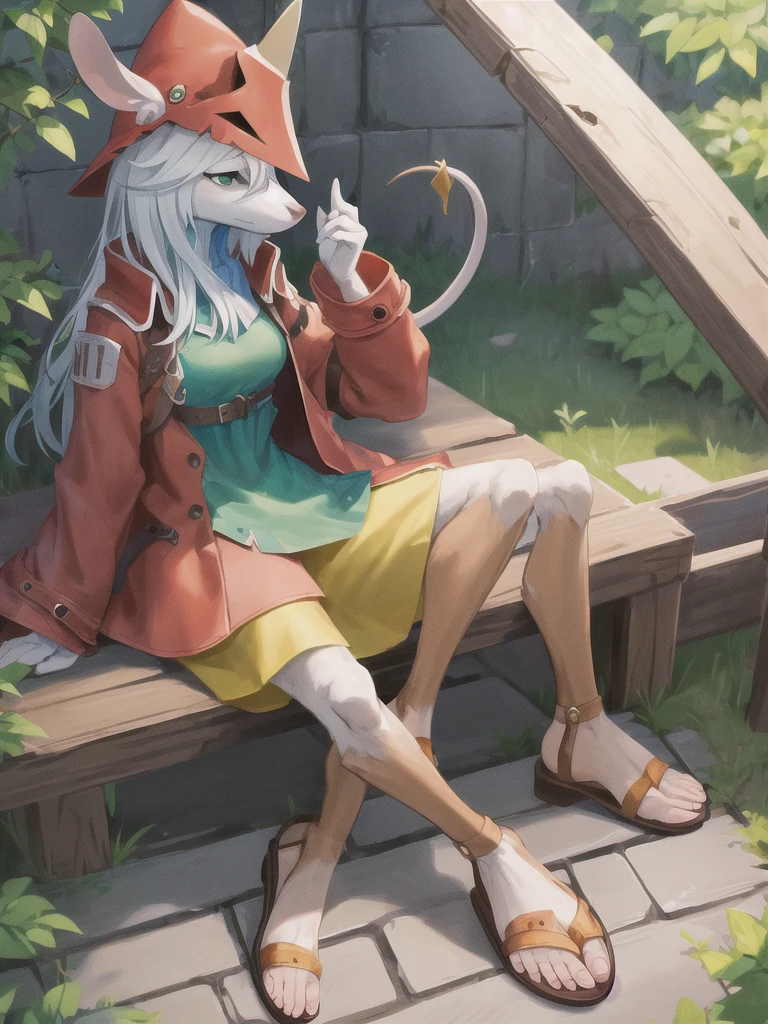 furry female, snout, red headwear, red jacket, mouse girl, green eyes, (masterpiece, best quality:1.2), full body portrait, freya crescent, 1girl, solo,(white skin:1.05), colored skin, furry, green dress, sandals, gladiator sandals,  tail, looking ahead, sitting