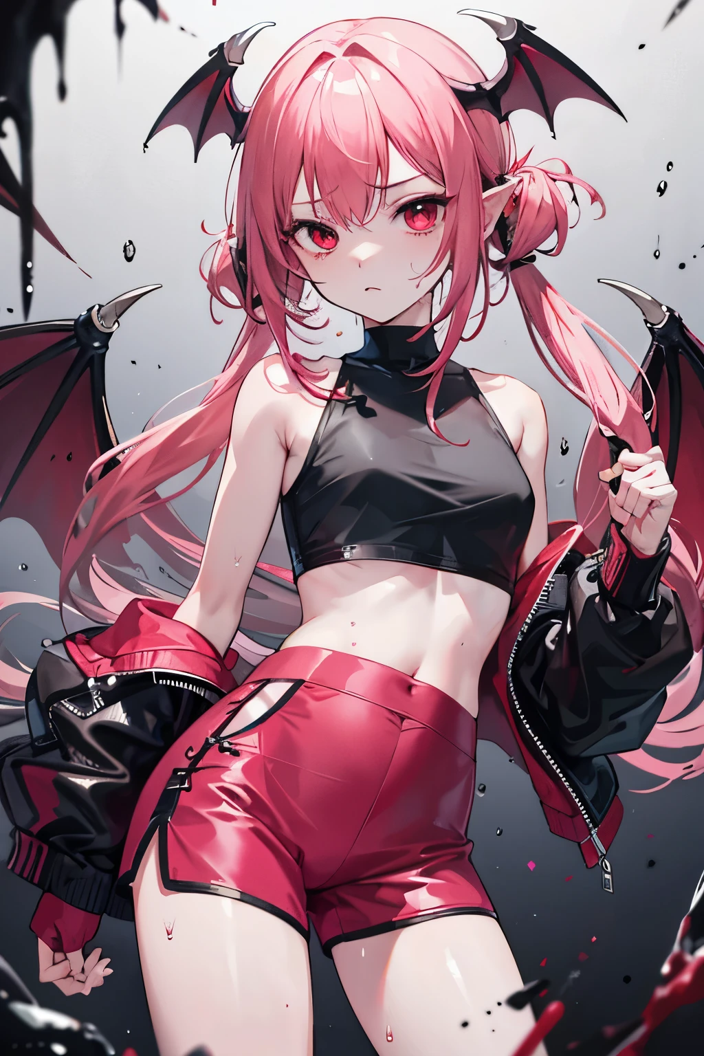 underdressing，Expression of disgust，Expression of disgust，Red Eyes，Sweat，Soaked，liquid，transparent，Cropped tops，succubus，pink，stocking，Glasses，Black pantyhose