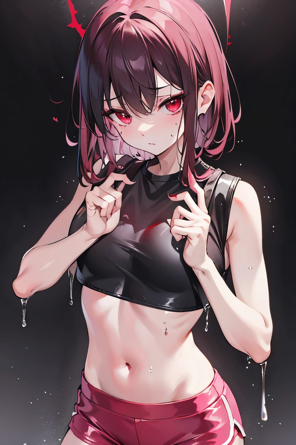 underdressing，Expression of disgust，Expression of disgust，Red Eyes，Sweat，Soaked，liquid，transparent，Cropped tops，succubus，pink，Leather Shorts