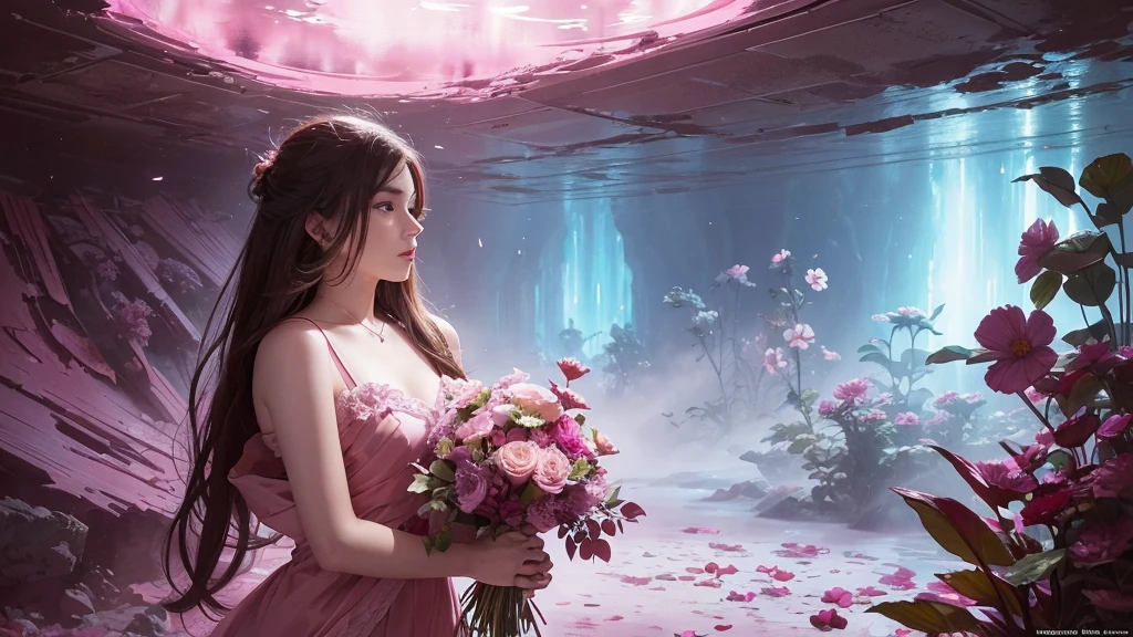 32k, Masterpiece, Highest quality, One girl, Detailed eyes, flower,Sandersonia, Pink and brown style,A dreamy, romantic piece,Pale pink, Mysterious Leaves,A playful arrangement,Fantasy,High Contrast,Ink strokes,explosion,Exposure, Impression of pink and brown tones,Abstract,((Watercolours by John Berkey and Jeremy Mann )) Brush strokes,Negative Space, Tyndall effect,