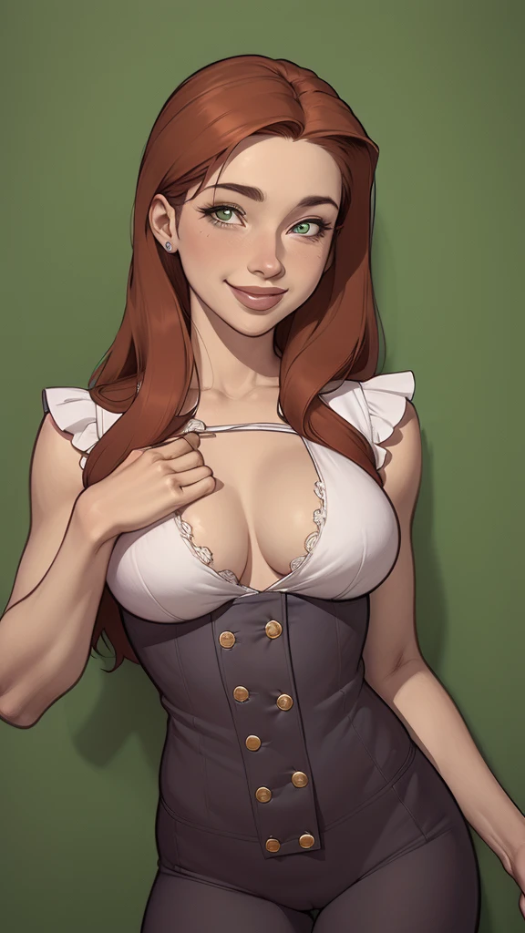 (estilo de desenho animado:1.2), Desenhos de (Ginevra Molly Weasley), Sorriso, olhos verdes perfeitos, rosto detalhado, fundo branco, pose divertida, olhar sedutor,Corpo inteiro usando o uniforme de sanserina, beautiful medium breasts and wonderful body cartoon style digital illustration. Usando calcinha