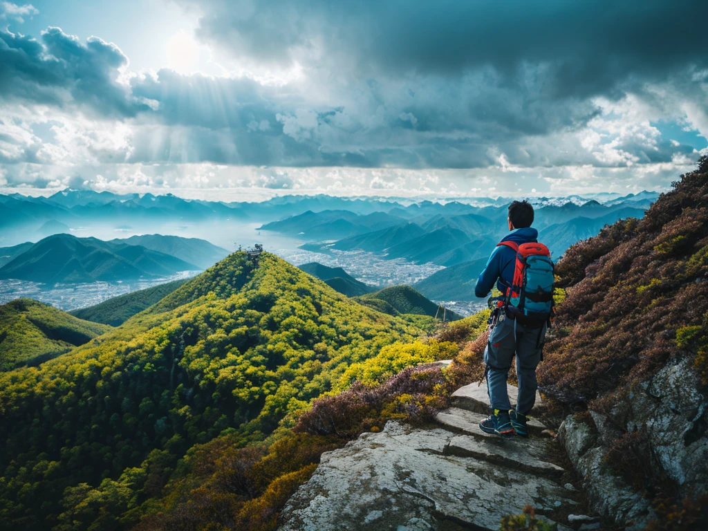 (Realistic:1.37),photograph,landscape,Mountaineering,Man climbing a mountain in Japan,Dramatic lighting,Colorful cloudy sky,A sense of adventure,Blurred Background,Strong determination,Wide-angle lens,Nice views,Endless Horizon,Quiet Solitude,Graceful Movement,The pinnacle of achievement,Natural beauty,Serene atmosphere,Sweat and patience,top conqueror,Awe-inspiring views,Expedition preparation,Unwavering focus,infinite possibilities,Immerse yourself in nature,Indomitable spirit,Awestruck observers,Unparalleled strength,The invisible height,Quiet Escape.