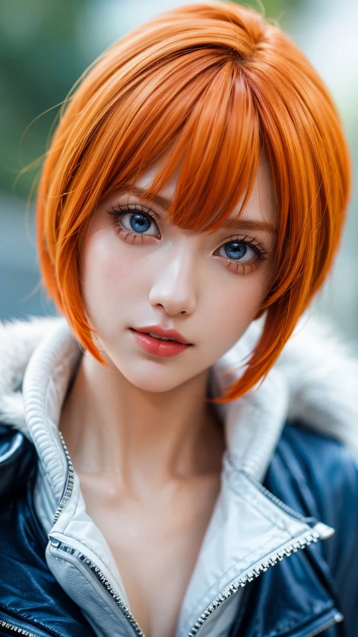 a close up of a person with short hair and a white leather jacket, koala, koala from anime one piece, as an anime character, perfect anime face, she has orange hair with bangs, female anime character, anime character, anime best girl, hime cut hairstyle, orange hair, (red glossy lips:1.3), blue eyes, smile, big tits, realistic, ultra detail, city background, (beautiful face:1.3), full body 