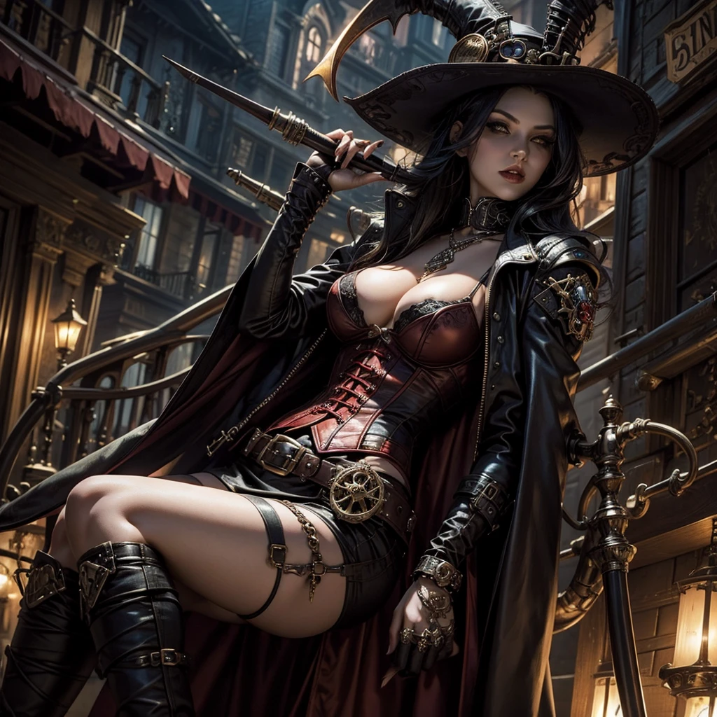 A sexy hot vampire female steampunk in a town sinister and mysterious 