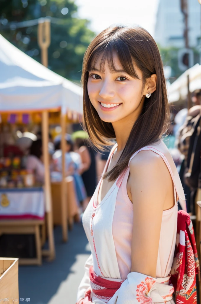 Yukata, traditional Japanese summer kimono, summer festival night stall, high school stuody)), ((photo)), ((best qualtiy, 8K, tmasterpiece:1.3)), Focus:1.2, perfect figure beautiful girl:1.4, 1girl, cowboy shot, look at viewer, incredibly absurd, beautiful and cute girl with a photorealistic face, showcasing top-quality craftsmanship, A Japanese girl walking around looking at the food stalls at a summer festival on a night, 15 years old, straight hches about 10cm below her shoulders, light brown hair color, shiny hair, bangs cut straight above her eyes, hair tucked behind her ears, soft round face, large almond-shaped eyes, light brown eye color, long eyelashes, thin and neat eyebrows, small nose with a straight bridge, cherry-colored lips, bright smile, white teeth, smooth skin, fair skin, light pigmentation, freckles, average height, lithe figure, well-balanced proportions, small A-cup breasts, white and pink pastel-colored yukata, bracelet with charms, diamond stud earrings, beautiful girl, pure, moe, cheerful, curious, friendly, polite, responsible, likes festivals and events, August