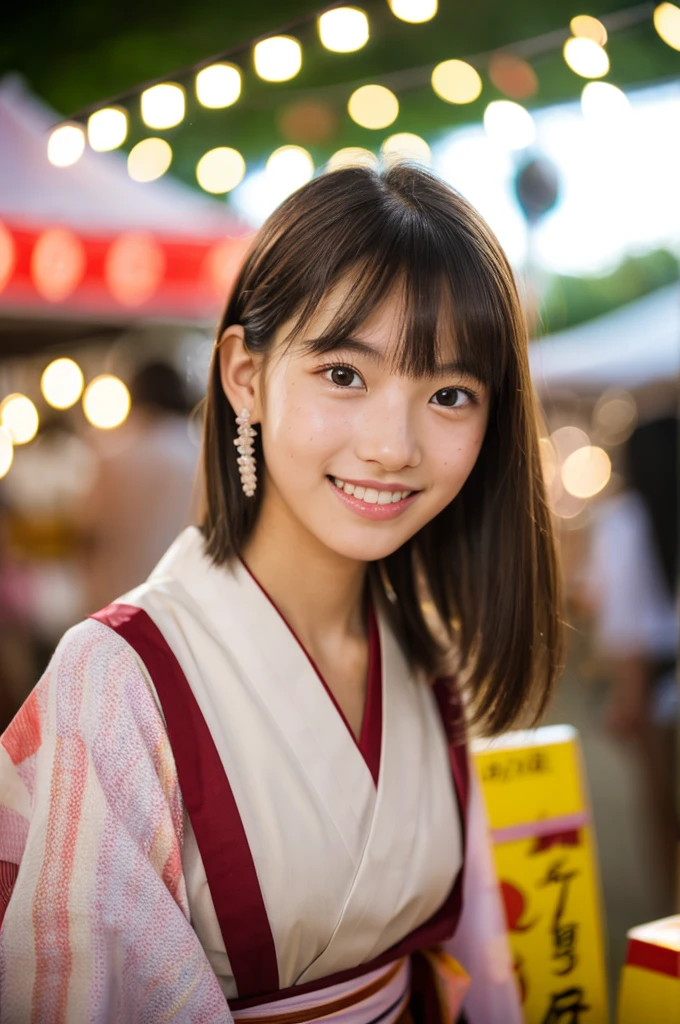 Yukata, traditional Japanese summer kimono, summer festival night stall, first year high school student, ((full body)), ((photo)), ((best qualtiy, 8K, tmasterpiece:1.3)), Focus:1.2, perfect figure beautiful girl:1.4, 1girl, cowboy shot, look at viewer, incredibly absurd, beautiful and cute girl with a photorealistic face, showcasing top-quality craftsmanship, A Japanese girl walking around looking at the food stalls at a summer festival on a night, 15 years old, straight hair that reaches about 10cm below her shoulders, light brown hair color, shiny hair, bangs cut straight above her eyes, hair tucked behind her ears, soft round face, large almond-shaped eyes, light brown eye color, long eyelashes, thin and neat eyebrows, small nose with a straight bridge, cherry-colored lips, bright smile, white teeth, smooth skin, fair skin, light pigmentation, freckles, average height, lithe figure, well-balanced proportions, small A-cup breasts, white and pink pastel-colored yukata, bracelet with charms, diamond stud earrings, beautiful girl, pure, moe, cheerful, curious, friendly, polite, responsible, likes festivals and events, August