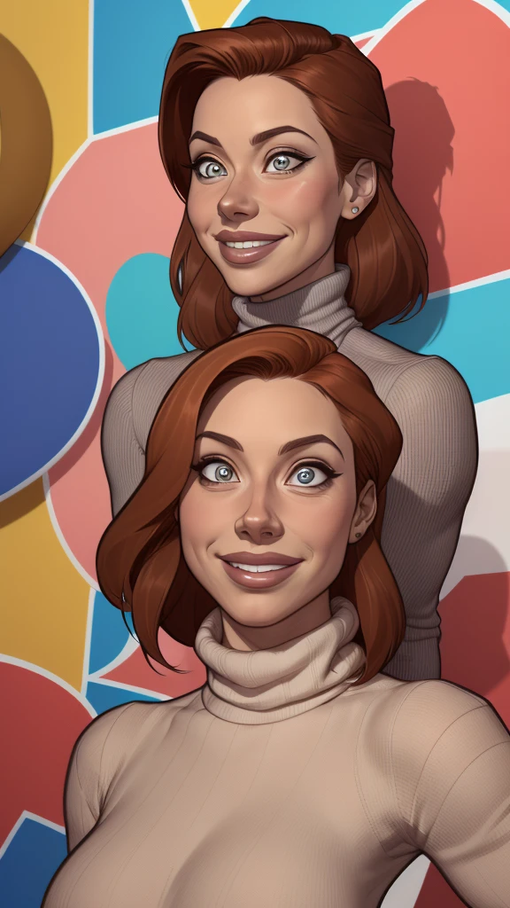 (estilo de desenho animado:1.2),  desenho de ([Jessica Chastain|Kelly Ripa|Mila Kunis]), wearing a loose turtleneck sweater, grande sorriso, olhos perfeitos, rosto detalhado, fundo de festa, pose divertida, olhar sedutor, confete, Custody