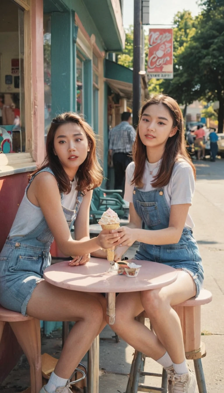 MagMix Girl Girls on the man's lap in a position facing each other, long hair, Overalls, sit together outside Retro ice cream parlor with pastel-colored walls, a classic soda fountain counter, and vintage ice cream posters, bathed in warm sunlight, analog film photo, Kodachrome.