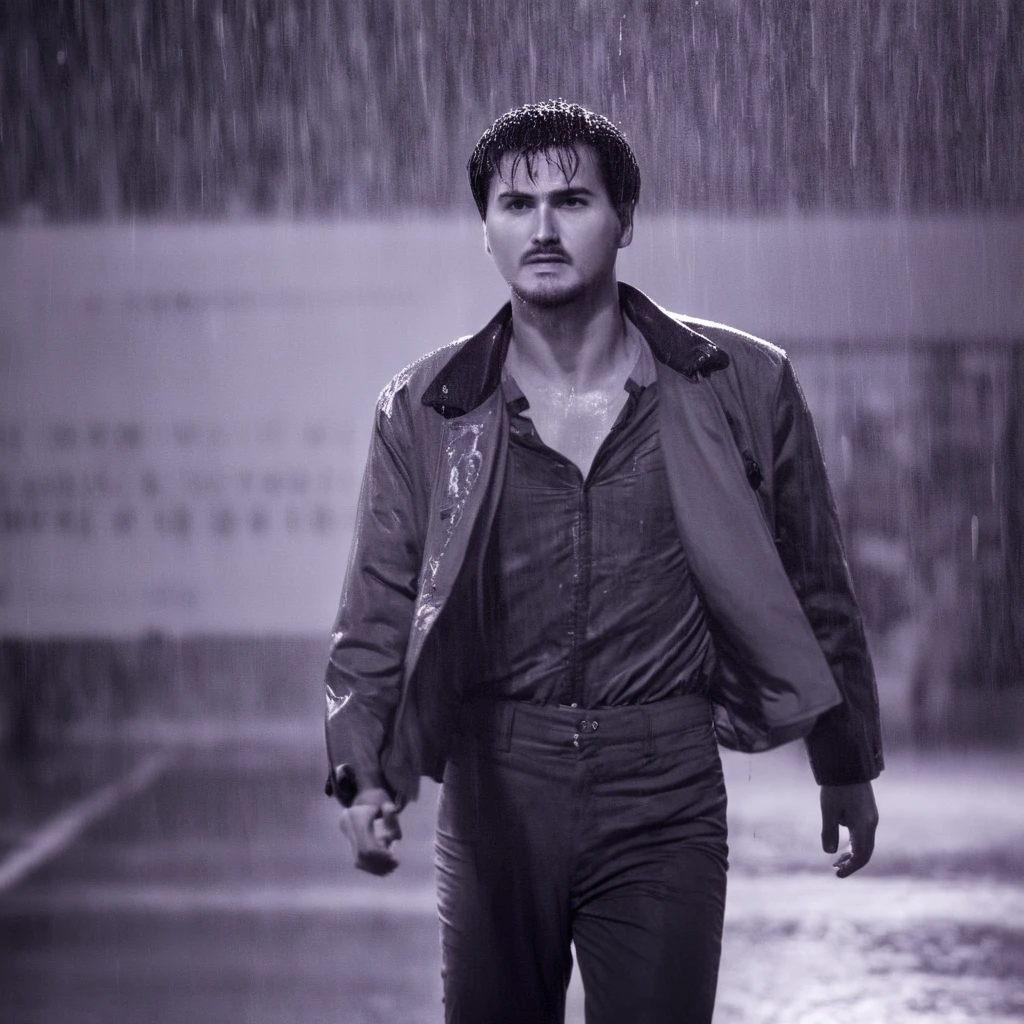 cinematic film still of  In the 1980's In Hong Kong China a wet man walking down a rain soaked street,short hair,shirt,1boy,jacket,monochrome,greyscale,male focus,outdoors,multiple boys,pants,night,facial hair,rain,city,Asian,cinematic,action-themed,violence,aim,aiming,pointing,Kodak,Film style,movie style,film grain,film contrast,action packed,serious,stunt,Hong Kong action cinema style,Asian,cinematic,action-themed,violence,aim,aiming,pointing,Kodak,Film style,movie style,film grain,film contrast,action packed,serious,stunt,Hong Kong action cinema style, shallow depth of field, vignette, highly detailed, high budget, bokeh, cinemascope, moody, epic, gorgeous, film grain, grainy