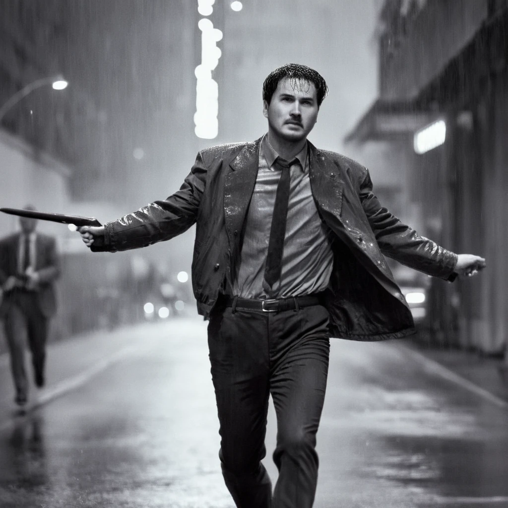 cinematic film still of In the 1980's In Hong Kong China a wet man walking down a rain soaked street,short hair,shirt,1boy,jacket,monochrome,greyscale,male focus,outdoors,multiple boys,pants,night,facial hair,rain,city,Asian,cinematic,action-themed,violence,aim,aiming,pointing,Kodak,Film style,movie style,film grain,film contrast,action packed,serious,stunt,Hong Kong action cinema style,Asian,cinematic,action-themed,violence,aim,aiming,pointing,Kodak,Film style,movie style,film grain,film contrast,action packed,serious,stunt,Hong Kong action cinema style, shallow depth of field, vignette, highly detailed, high budget, bokeh, cinemascope, moody, epic, gorgeous, film grain, grainy