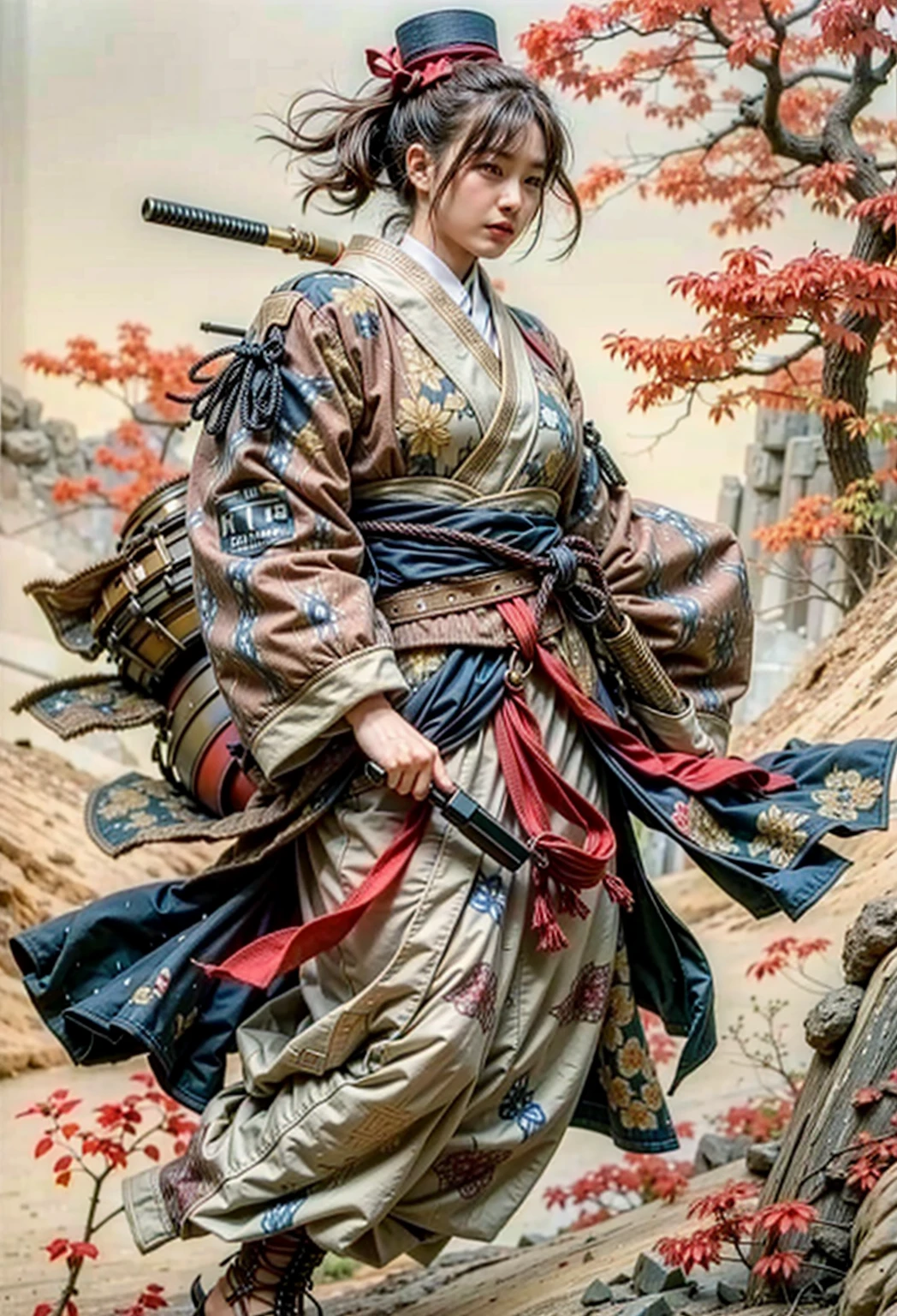 (masterpiece, best quality:1.2), (8k uhd, 16k, 32k, ultra high res), Steampunk, fictional WWII former Japanese Imperial Army armored car and cyborg Japanese female soldier, beautiful face, torn pants, dirty clothes, very intricate details, olive drab paint, peeling paint, weathering, fortress attack, realistic photo, taken with Fuji film X-T30+Nokton. HDR10