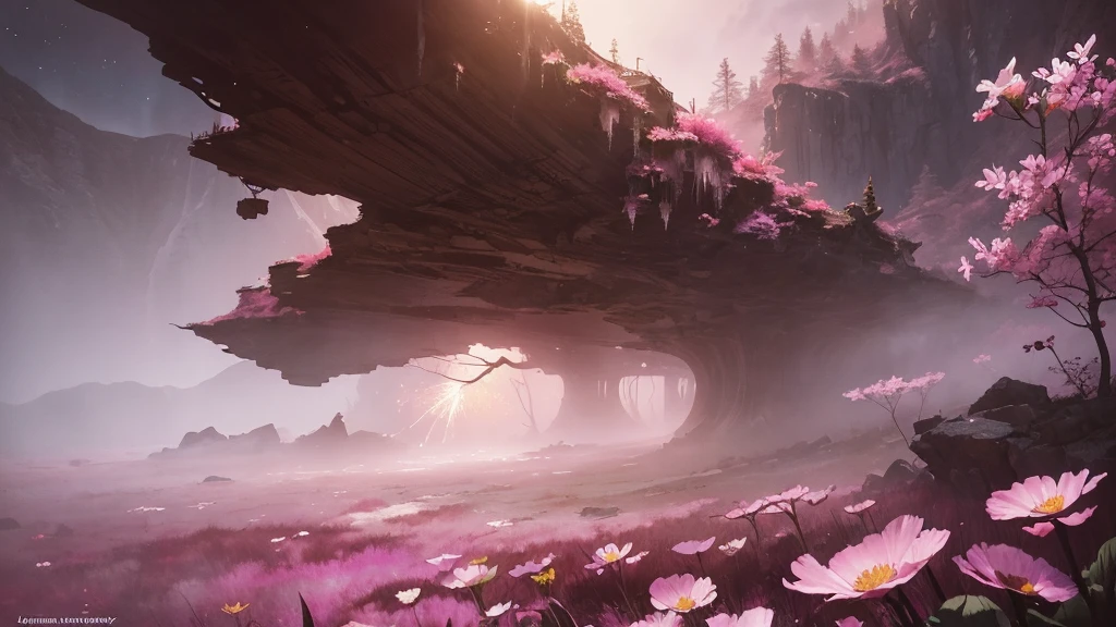32k, Masterpiece, Highest quality, One girl, Detailed eyes, flower,Sandersonia, Pink and brown style,A dreamy, romantic piece,Pale pink, Mysterious Leaves,A playful arrangement,Fantasy,High Contrast,Ink strokes,explosion,Exposure, Impression of pink and brown tones,Abstract,((Watercolours by John Berkey and Jeremy Mann )) Brush strokes,Negative Space, Tyndall effect,