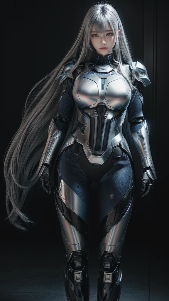 7-headed,machine wing,blue laser sword,{{Sci-Fi Armor}},cyber suit,cyberpunk,science fiction,cyber battle armor,Battledress,Military Uniforms,pants,black military uniform,whole body,Height: 168cm,almond shape eyes,{{{{{silver eyes}}}}},{{{{{dull bangs}}}}},(slanted eyes},{{whole body},{{{1 girl}}}, long hair, straight hair,{{{{silver hair}}}},{{{tsurime}}},30 years old,{Medium chest},{{bush}},silver eyes,{{{masterpiece}}}, {{{highest quality}}}, {{Super detailed}}, {shape}, {{very delicate and beautiful}},very detailed,detailed perfect,detailed hyper,Abundant thighs,big ass,black clothes