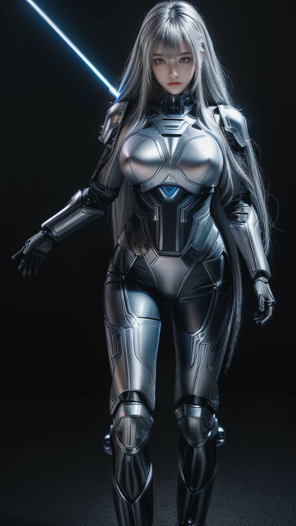 7-headed,machine wing,blue laser sword,{{Sci-Fi Armor}},cyber suit,cyberpunk,science fiction,cyber battle armor,Battledress,Military Uniforms,pants,black military uniform,whole body,Height: 168cm,almond shape eyes,{{{{{silver eyes}}}}},{{{{{dull bangs}}}}},(slanted eyes},{{whole body},{{{1 girl}}}, long hair, straight hair,{{{{silver hair}}}},{{{tsurime}}},30 years old,{Medium chest},{{bush}},silver eyes,{{{masterpiece}}}, {{{highest quality}}}, {{Super detailed}}, {shape}, {{very delicate and beautiful}},very detailed,detailed perfect,detailed hyper,Abundant thighs,big ass,black clothes