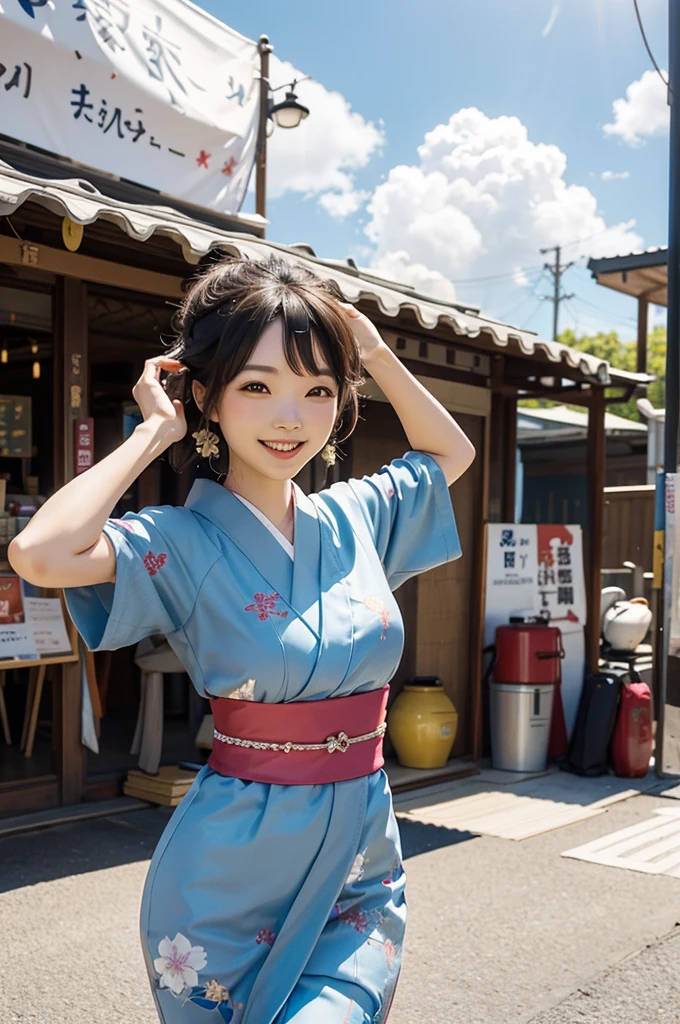 A beautiful smiling woman in a kimono greets people with a cheerful "Good morning" as she dances with her arms open under the blue sky