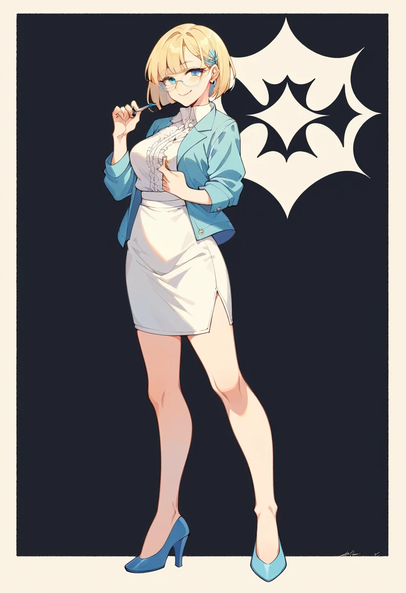 beautiful woman, beautiful face, solo, full body, standing, medium bob cut blonde hair, light blue eyes, two points glasses, medium breasts, blue opened short jacket, white blouse, white pleats Slightly longer skirt, (lewd calf of leg), blue high heels, soft smile, (pinch one's her glasses), perfect hands and perfect fingers, temptation pose, black background, no background, pastel 2d art, matte painting, anime, masterpiece 