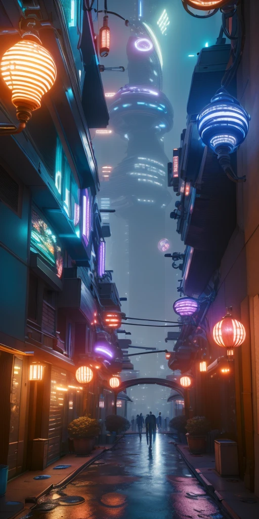 An illustration depicting a cyberpunk cityscape at night. A narrow alley filled with neon signs and exotic, futuristic lamps illuminating the surroundings. Various colors of neon lights are scattered along the street, with blue and purple lights standing out prominently. The buildings feature unique decorations with elements of Asian-style design. The sidewalk has a wet sheen, reflecting the lights. The perspective provides a sense of depth, with tall skyscrapers visible in the background. The image is rich in detail, creating a fantastical and futuristic atmosphere.
