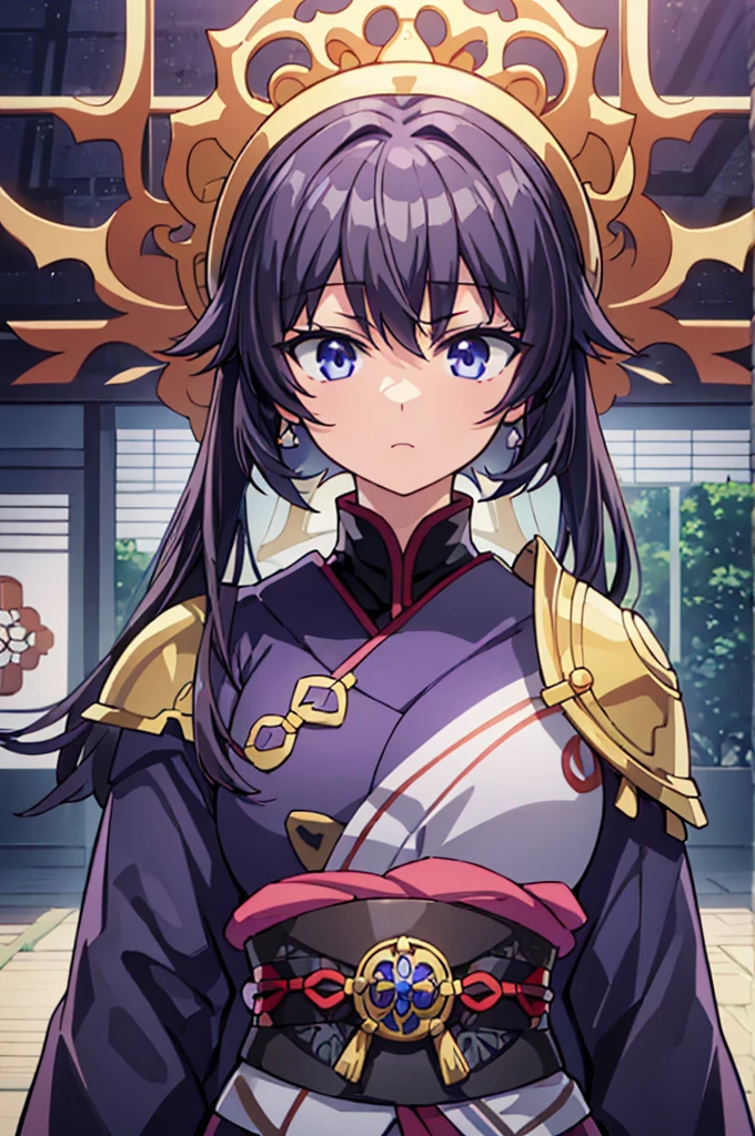 Highest quality, masterpiece, High resolution, alone, （Fire Emblem: Ardan），（Fire Emblem: Genealogy of the Holy War），（short_Hairstyle），Japanese sword，kimono，Great armor、Shogun，（armor）， ((Roaring‗Facial Expressions)) ，（Purple ‗ Battle Coat），（gray_coat），Young Girl，Anime Style, Highest quality, 4k, masterpiece,， alone, 1,whole body，looking at the camera, Shinkai Makoto style, （black_Hair Color）Sharp Eyes，（Full Finger）, （Accurate fingertips）, （The finer details）, （Anatomically correct）, (Movie Background), Hyper Detail, (Subtle details), (Intricate details),