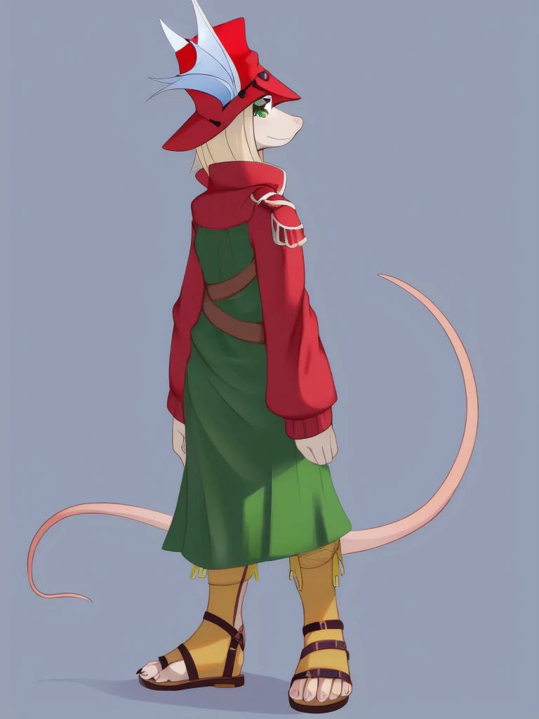 furry female, snout, red headwear, red jacket, mouse girl, green eyes, (masterpiece, best quality:1.2), full body portrait, freya crescent, 1girl, solo,(white skin:1.05), colored skin, furry, green dress, sandals, gladiator sandals, leg guards,  tail, looking ahead, standing