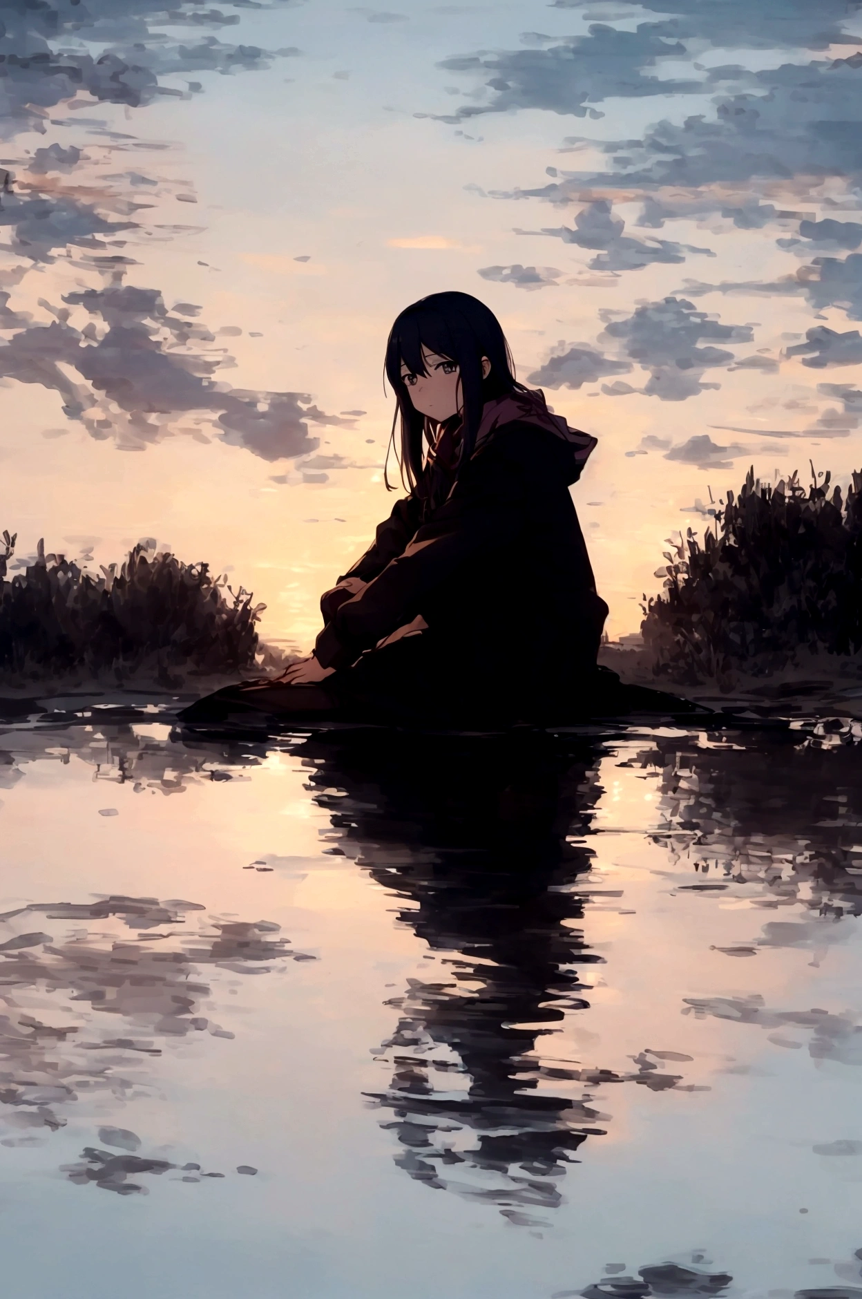 Draw an image of a female anime character sitting alone by a lake at sunset, with a facial expression that reflects both sadness and serenity in the silence