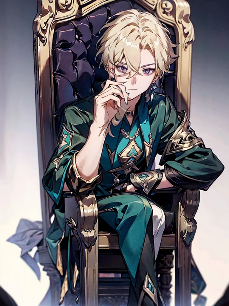 anime - style image of a man sitting on a chair with a sword, casimir art, beautiful androgynous prince, key anime art, tall anime guy with blue eyes, shadowverse style, portrait of magical blond prince, delicate androgynous prince, detailed key anime art, anime key visual of elegant, kawacy, ornate attire, key anime visuals, Side face, masterpiece, best quality,solo,1boy,hair ornament, jewelry,feather hair ornament, black background, blonde hair, aventurine honkai star rail1boy, aventurine, blonde hair, gorgeous, medium hair, (two-tone eyes, purple eyes, blue eyes), best quality, high resolution, materpiece, very detailed, male focus, simple BG, cinematic lighting, smile, Quality,1boy,matured male,Beautiful face, yellow light