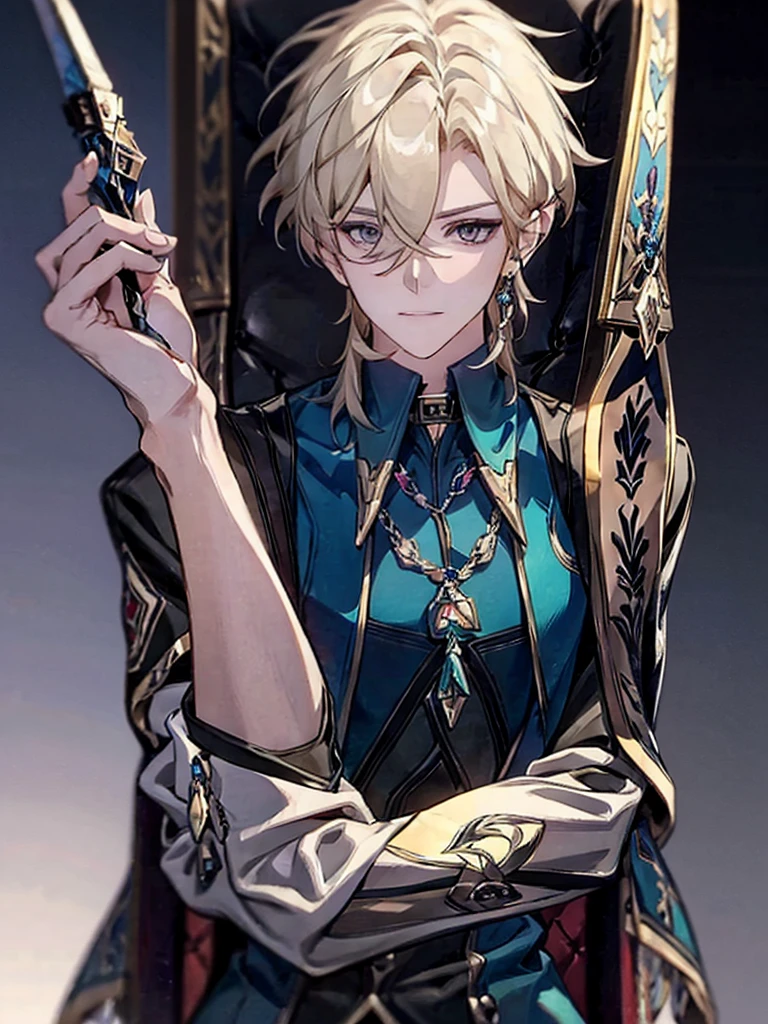 anime - style image of a man sitting on a chair with a sword, casimir art, beautiful androgynous prince, key anime art, tall anime guy with blue eyes, shadowverse style, portrait of magical blond prince, delicate androgynous prince, detailed key anime art, anime key visual of elegant, kawacy, ornate attire, key anime visuals, Side face, masterpiece, best quality,solo,1boy,hair ornament, jewelry,feather hair ornament, black background, blonde hair, aventurine honkai star rail1boy, aventurine, blonde hair, gorgeous, medium hair, (two-tone eyes, purple eyes, blue eyes), best quality, high resolution, materpiece, very detailed, male focus, simple BG, cinematic lighting, smile, Quality,1boy,matured male,Beautiful face, yellow light