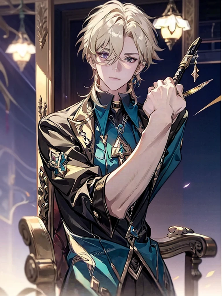 anime - style image of a man sitting on a chair with a sword, casimir art, beautiful androgynous prince, key anime art, tall anime guy with blue eyes, shadowverse style, portrait of magical blond prince, delicate androgynous prince, detailed key anime art, anime key visual of elegant, kawacy, ornate attire, key anime visuals, Side face, masterpiece, best quality,solo,1boy,hair ornament, jewelry,feather hair ornament, black background, blonde hair, aventurine honkai star rail1boy, aventurine, blonde hair, gorgeous, medium hair, (two-tone eyes, purple eyes, blue eyes), best quality, high resolution, materpiece, very detailed, male focus, simple BG, cinematic lighting, smile, Quality,1boy,matured male,Beautiful face, yellow light