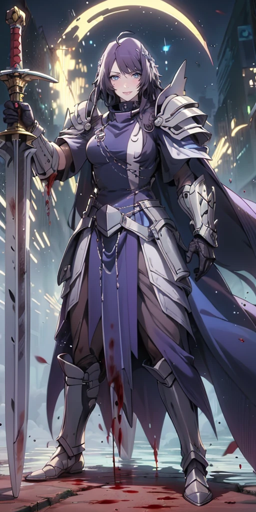 MC, ahoge, (long hari, purple hair:1.3), hair ornament, dark-blue eyes, anatomically correct, heavy breathing, mature female,solo, 1girl, holding, standing, weapon, female focus, sword, cape, holding weapon, armor, holding sword, shoulder armor, gauntlets, facing viewer, pauldrons, breastplate, planted, full armor, bokeh, backlighting, blood, bloody stream, water drop, reflective, (fog:1.3), fireflies, hollow eyes, bright pupils, dark-blue eyes, looking at viewer. glowing eyes heavy breathing, seductive smile, (steaming face:1.3), blush face, lips,