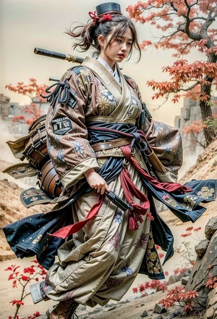 (masterpiece, best quality:1.2), (8k uhd, 16k, 32k, ultra high res), Steampunk, fictional WWII former Japanese Imperial Army armored car and cyborg Japanese female soldier, beautiful face, torn pants, dirty clothes, very intricate details, olive drab paint, peeling paint, weathering, fortress attack, realistic photo, taken with Fuji film X-T30+Nokton. HDR10