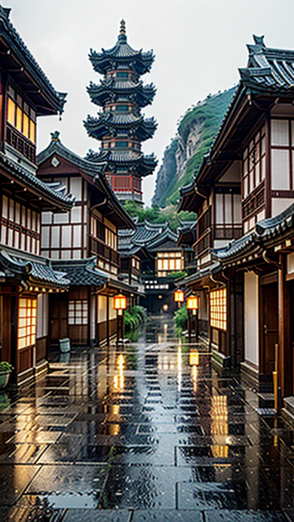arafed view of a village with a lot of lights on the buildings, dreamy chinese town, chinese village, amazing wallpaper, japanese town, japanese village, hyper realistic photo of a town, old asian village, japanese city, by Raymond Han, rainy evening, cyberpunk chinese ancient castle, beautifully lit buildings, at evening during rain, beautiful and aesthetic, photography, cinematic, 8k, high detailed ((Heavy rain)))