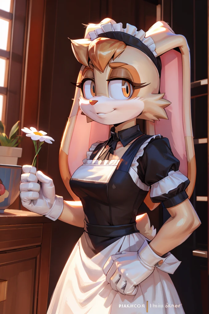 masterpiece, best quality, furry, anthro, anime, highres, perfect hands, 4k, by pakwan008 , by pixelsketcher, by jinu, vanilla the rabbit, rabbit girl, animal ears, animal nose, white muzzle, white gloves, orange hair, brown fur, maid dress, short sleeves, furry female, mature female, indoors