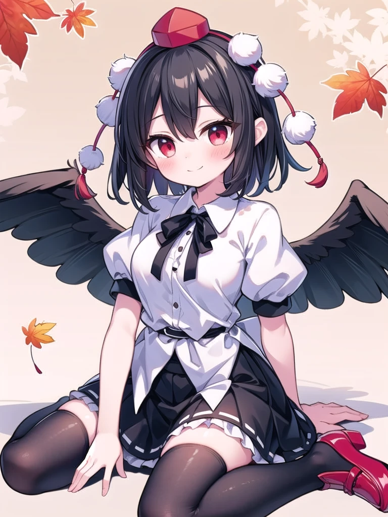 a woman holding book and wearing dark dress holding a bird in her right hand and an umbrella in her left, 1girl, shameimaru aya, hat, solo, pom pom (clothes), skirt, wings, tokin hat, shirt, red eyes, smile, black skirt, short hair, black hair, white shirt, short sleeves, holding, bird wings, black wings