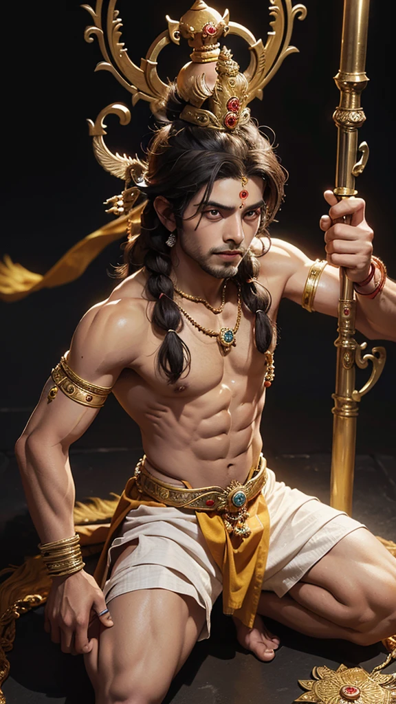 A fantasy image of a robust man with a Boar's head, sharp tusk, shirtless, wearing a yellow dhoti, gold ornaments, a spear in hand, upper body image, in a jungle